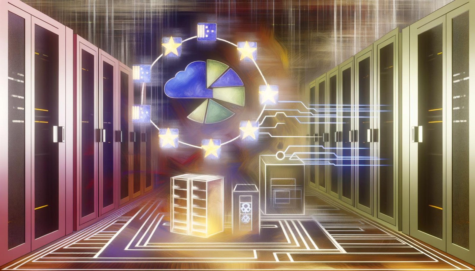 Moderne Illustration eines Serverraums mit europäischen Flaggen, Cloud-Anbietern, föderiertem Datenraum und Symbolen für Datenschutz, Transparenz und offene Schnittstellen.