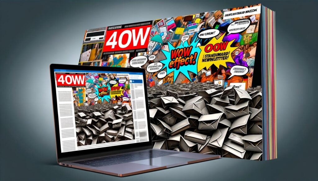 Laptop zeigt überfüllten grauen Posteingang, aus dem ein bunter, moderner Newsletter mit originellen Grafiken und animierten Elementen herausragt.