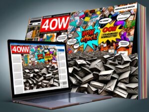 Laptop zeigt überfüllten grauen Posteingang, aus dem ein bunter, moderner Newsletter mit originellen Grafiken und animierten Elementen herausragt.