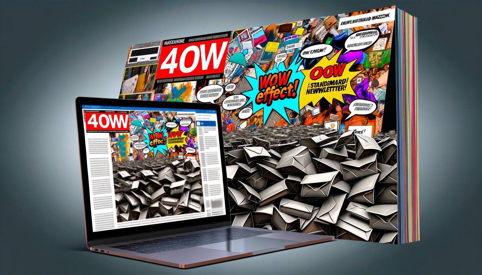 Laptop zeigt überfüllten grauen Posteingang, aus dem ein bunter, moderner Newsletter mit originellen Grafiken und animierten Elementen herausragt.