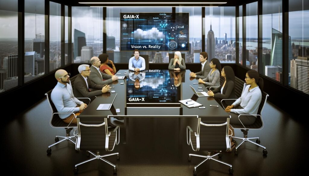 Konferenztisch in verglastem Büro mit europäischen Politikern und Tech-Entscheidern, umgeben von Gaia-X-Präsentationen und Cloud-Infrastrukturskizzen. Futuristische Skyline im Hintergrund, angespannte Atmosphäre.