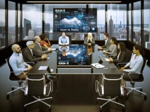 Konferenztisch in verglastem Büro mit europäischen Politikern und Tech-Entscheidern, umgeben von Gaia-X-Präsentationen und Cloud-Infrastrukturskizzen. Futuristische Skyline im Hintergrund, angespannte Atmosphäre.