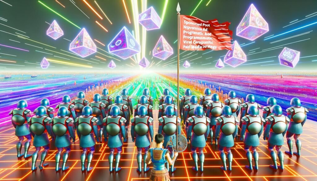 Illustration eines digitalen Marketing-Schlachtfelds mit diversen Content-Soldaten, Algorithmus-Silhouetten und einem Content Creator mit Paid-Media-Flagge im Jahr 2025.