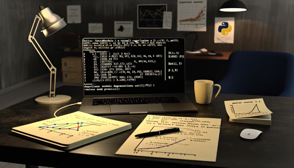 Moderner Arbeitsplatz mit offenem Laptop, der Python Statsmodels Regressionsergebnisse anzeigt, umgeben von Kaffeetasse, Notizblock und gedruckten Analyse-Plots.