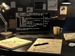 Moderner Arbeitsplatz mit offenem Laptop, der Python Statsmodels Regressionsergebnisse anzeigt, umgeben von Kaffeetasse, Notizblock und gedruckten Analyse-Plots.