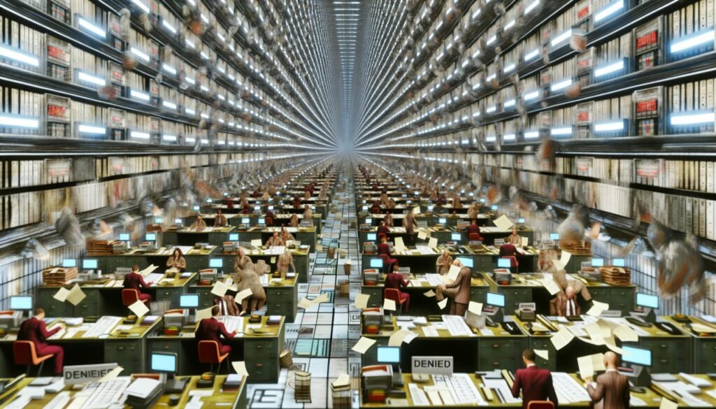 Surreal überfüllter Büroflur mit Papierstapeln, müden Angestellten, digitalen Uhren mit unmöglichen Deadlines und einer durch Bürokratie gestoppten Innovations-Rakete.