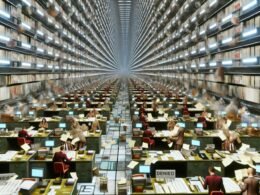 Surreal überfüllter Büroflur mit Papierstapeln, müden Angestellten, digitalen Uhren mit unmöglichen Deadlines und einer durch Bürokratie gestoppten Innovations-Rakete.