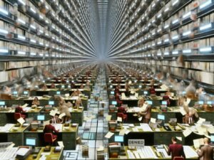 Surreal überfüllter Büroflur mit Papierstapeln, müden Angestellten, digitalen Uhren mit unmöglichen Deadlines und einer durch Bürokratie gestoppten Innovations-Rakete.