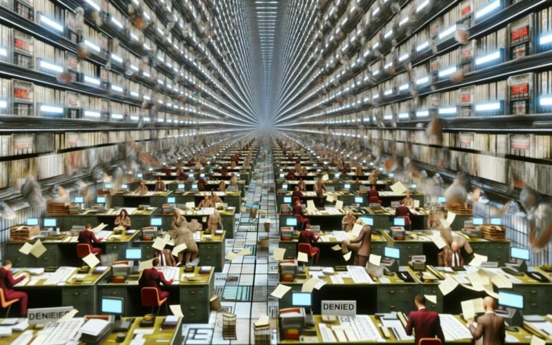 Surreal überfüllter Büroflur mit Papierstapeln, müden Angestellten, digitalen Uhren mit unmöglichen Deadlines und einer durch Bürokratie gestoppten Innovations-Rakete.