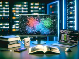 Düster-cooler Workspace mit leuchtendem Computational Graph auf Bildschirm, TensorFlow-Notizbüchern, Tech-Gadgets und 404 Magazine-Kaffeebecher, umgeben von Serverracks im High-Tech-Labor-Stil.