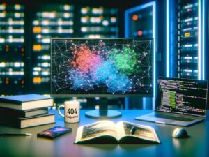 Düster-cooler Workspace mit leuchtendem Computational Graph auf Bildschirm, TensorFlow-Notizbüchern, Tech-Gadgets und 404 Magazine-Kaffeebecher, umgeben von Serverracks im High-Tech-Labor-Stil.