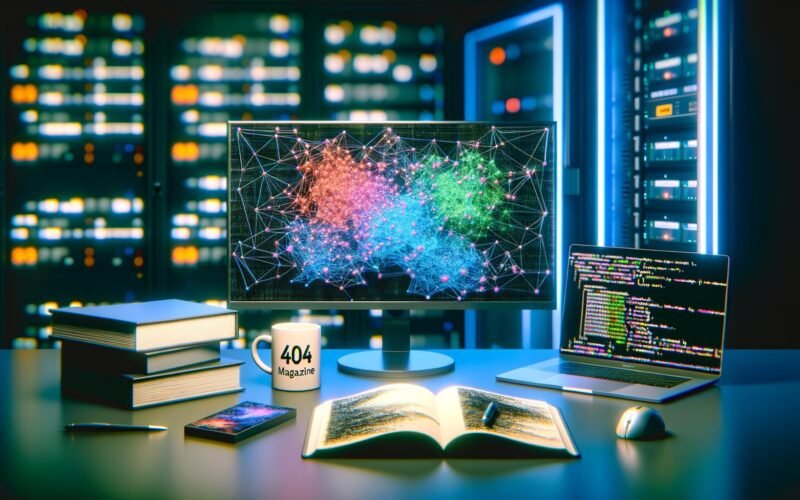 Düster-cooler Workspace mit leuchtendem Computational Graph auf Bildschirm, TensorFlow-Notizbüchern, Tech-Gadgets und 404 Magazine-Kaffeebecher, umgeben von Serverracks im High-Tech-Labor-Stil.