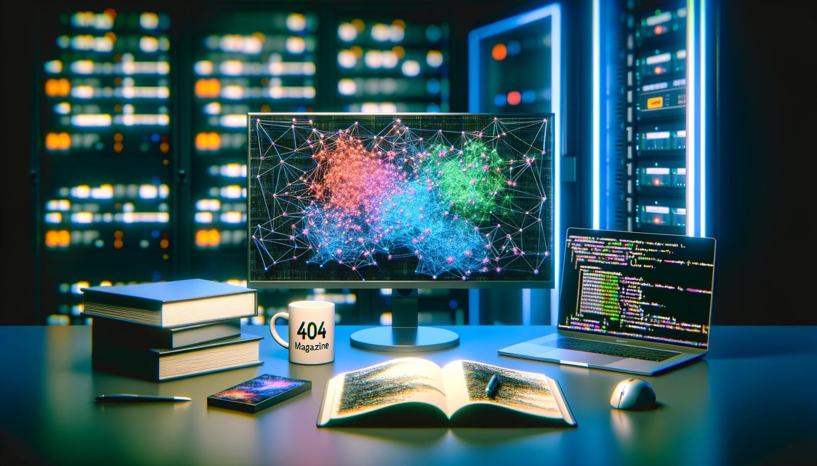 Düster-cooler Workspace mit leuchtendem Computational Graph auf Bildschirm, TensorFlow-Notizbüchern, Tech-Gadgets und 404 Magazine-Kaffeebecher, umgeben von Serverracks im High-Tech-Labor-Stil.