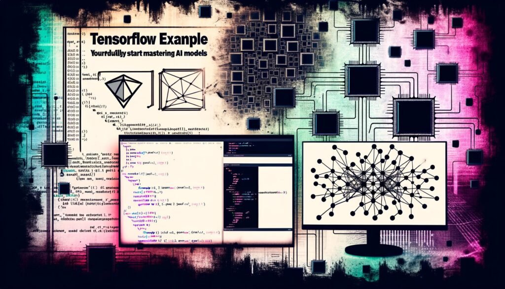Entwicklerarbeitsplatz mit Monitoren, die TensorFlow-Code und neuronale Netze zeigen, umgeben von Datenstrukturen und Chip-Silhouetten
