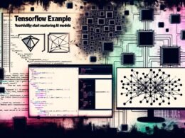 Entwicklerarbeitsplatz mit Monitoren, die TensorFlow-Code und neuronale Netze zeigen, umgeben von Datenstrukturen und Chip-Silhouetten