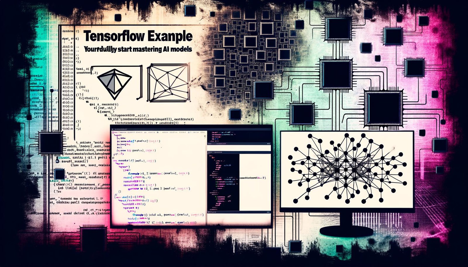 Entwicklerarbeitsplatz mit Monitoren, die TensorFlow-Code und neuronale Netze zeigen, umgeben von Datenstrukturen und Chip-Silhouetten