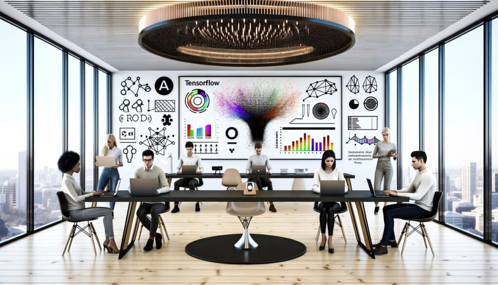 High-Tech-Büro mit großen TensorFlow-Dashboard-Display, dynamischen Graphen, konzentrierten Digital Marketern und dezenten AI-Illustrationen im Hintergrund.