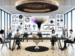 High-Tech-Büro mit großen TensorFlow-Dashboard-Display, dynamischen Graphen, konzentrierten Digital Marketern und dezenten AI-Illustrationen im Hintergrund.