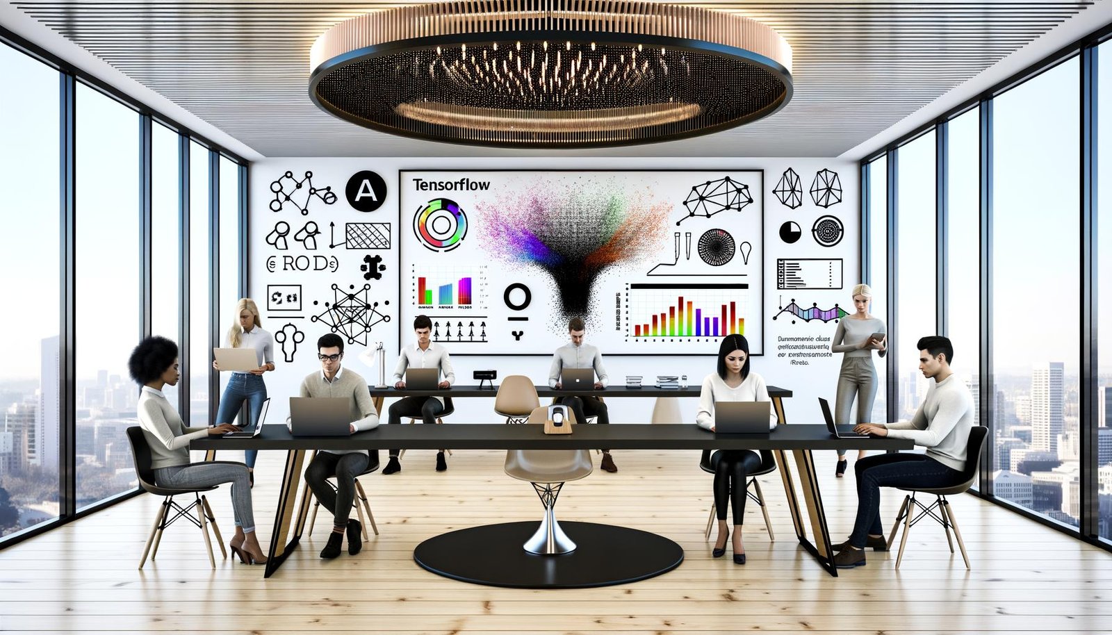 High-Tech-Büro mit großen TensorFlow-Dashboard-Display, dynamischen Graphen, konzentrierten Digital Marketern und dezenten AI-Illustrationen im Hintergrund.