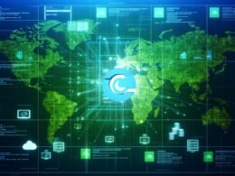 Dynamisches Titelbild mit Contentful-Logo in einem Headless CMS-Dashboard, umgeben von Framework-Icons und globalen Netzwerkverbindungen, in futuristischen Blau- und Grüntönen.