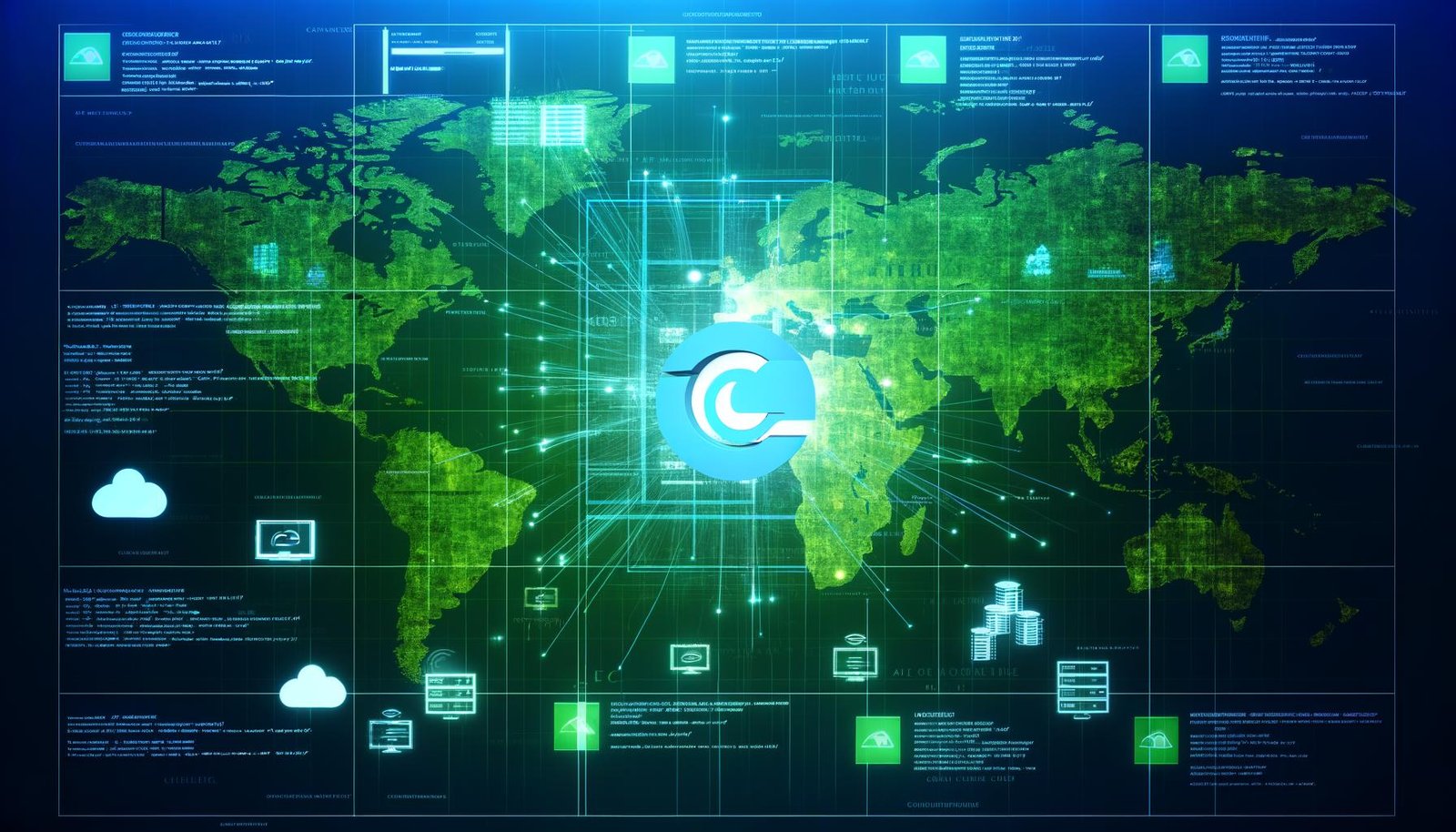 Dynamisches Titelbild mit Contentful-Logo in einem Headless CMS-Dashboard, umgeben von Framework-Icons und globalen Netzwerkverbindungen, in futuristischen Blau- und Grüntönen.
