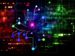 Abstraktes, neonfarbenes TensorFlow-Netzwerk als Berechnungsgraph mit Knoten und Datenströmen, hinterlegt mit CPU-, GPU- und Cloud-Symbolen, High-Tech Cyberpunk-Design.