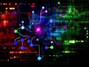 Abstraktes, neonfarbenes TensorFlow-Netzwerk als Berechnungsgraph mit Knoten und Datenströmen, hinterlegt mit CPU-, GPU- und Cloud-Symbolen, High-Tech Cyberpunk-Design.