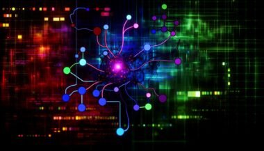 Abstraktes, neonfarbenes TensorFlow-Netzwerk als Berechnungsgraph mit Knoten und Datenströmen, hinterlegt mit CPU-, GPU- und Cloud-Symbolen, High-Tech Cyberpunk-Design.