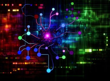 Abstraktes, neonfarbenes TensorFlow-Netzwerk als Berechnungsgraph mit Knoten und Datenströmen, hinterlegt mit CPU-, GPU- und Cloud-Symbolen, High-Tech Cyberpunk-Design.