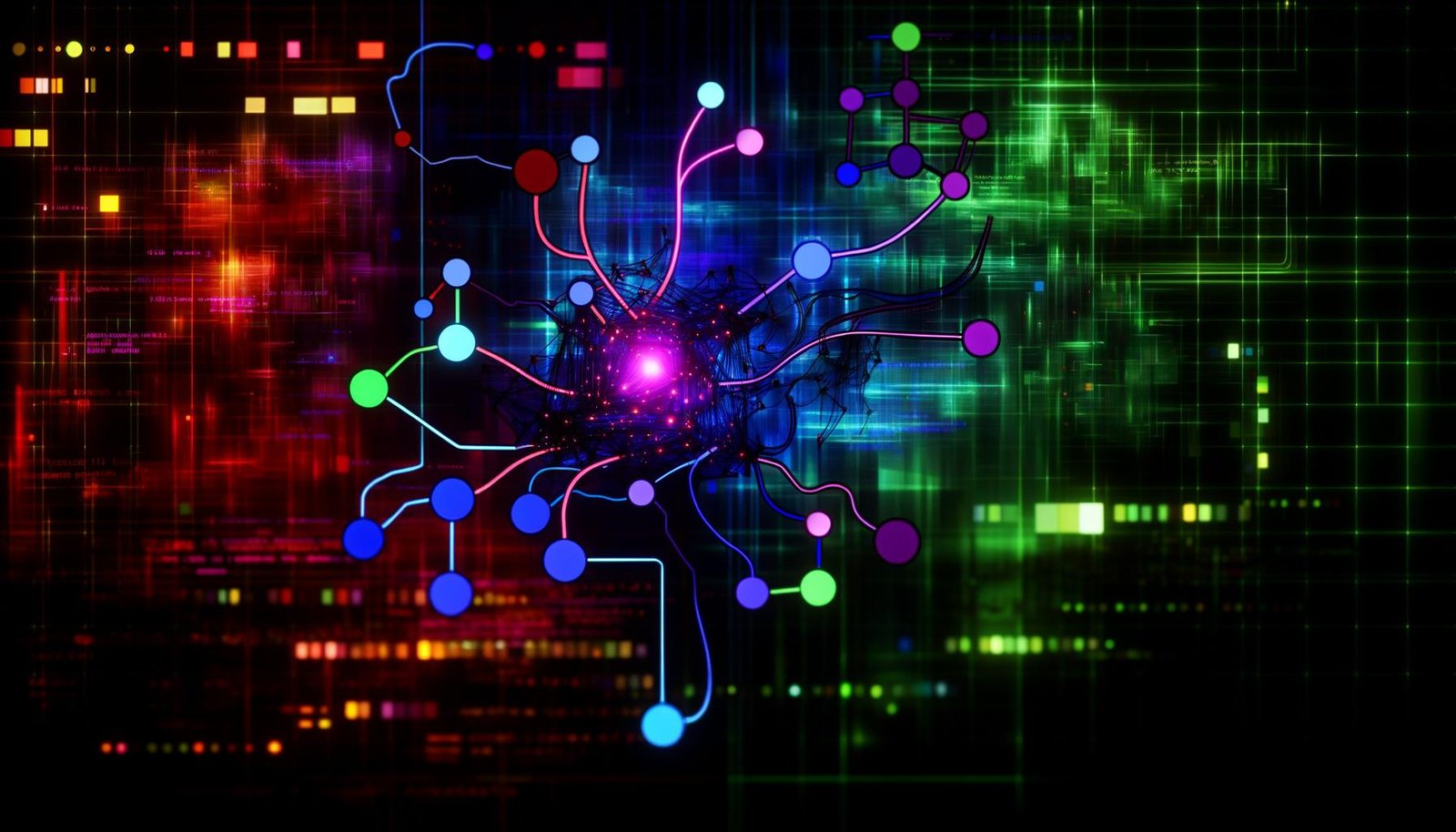 Abstraktes, neonfarbenes TensorFlow-Netzwerk als Berechnungsgraph mit Knoten und Datenströmen, hinterlegt mit CPU-, GPU- und Cloud-Symbolen, High-Tech Cyberpunk-Design.