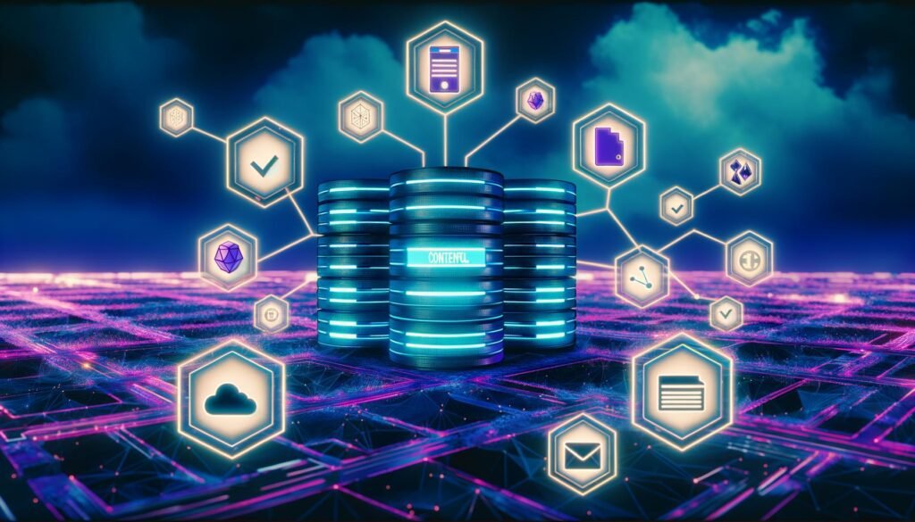 Düstere, futuristische Serverlandschaft mit Contentful-Logo, umgeben von Blockchain-Knoten, Wallet-Icons, NFT- und Smart-Contract-Symbolen sowie digitaler Checkliste für Web3-Essentials.