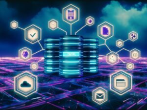 Düstere, futuristische Serverlandschaft mit Contentful-Logo, umgeben von Blockchain-Knoten, Wallet-Icons, NFT- und Smart-Contract-Symbolen sowie digitaler Checkliste für Web3-Essentials.