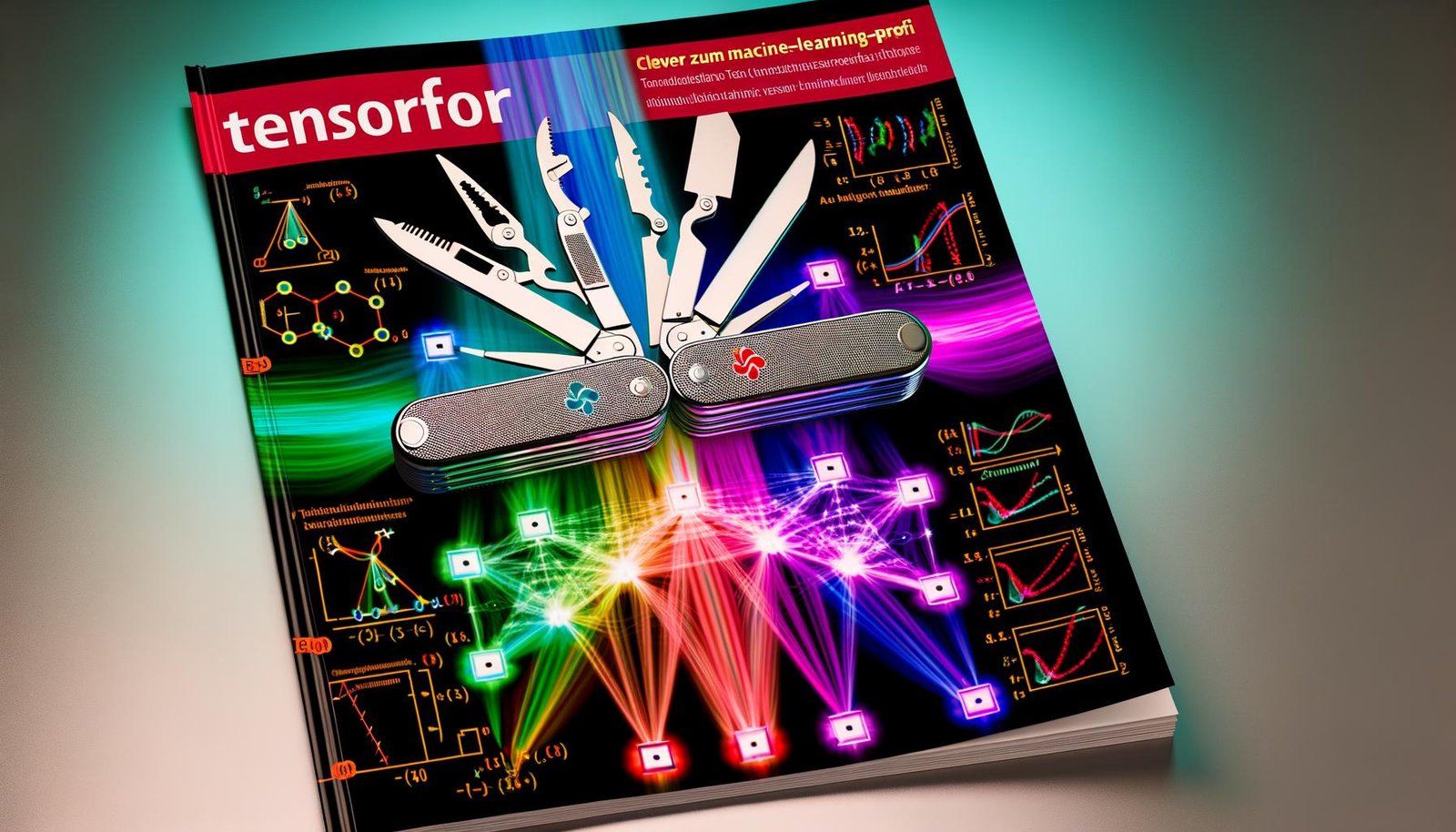 Titelbild im Magazin-Stil mit einem Schweizer Taschenmesser, dessen Werkzeuge als Computerchips, neuronale Netzwerke, Daten-Icons, Code-Zeilen und Formeln gestaltet sind. Im Hintergrund tech-inspirierte Diagramme, Graphen und TensorFlow-Logos.