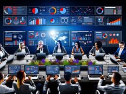 Online-Marketer arbeiten konzentriert vor Laptops und Dashboards mit farbigen KPIs, Heatmaps und Datenanalysen in einer modernen, technischen Umgebung.