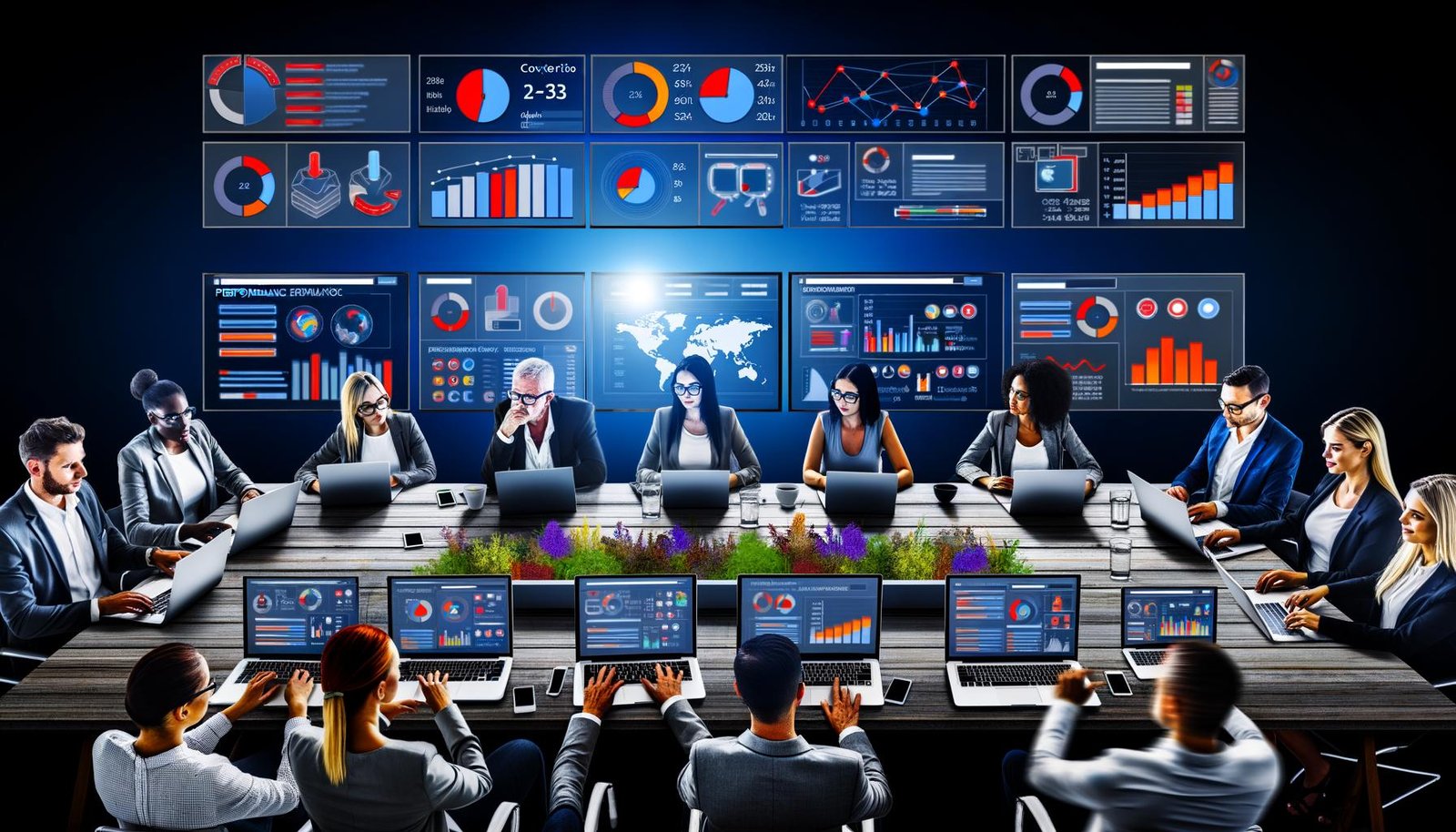 Online-Marketer arbeiten konzentriert vor Laptops und Dashboards mit farbigen KPIs, Heatmaps und Datenanalysen in einer modernen, technischen Umgebung.