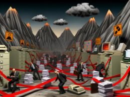 Illustration eines industriellen Ödlands mit Papierstapeln, alten Computern und gestressten Büroarbeitern, die über Bürokratie stolpern, während moderne Technologien unerreichbar bleiben.