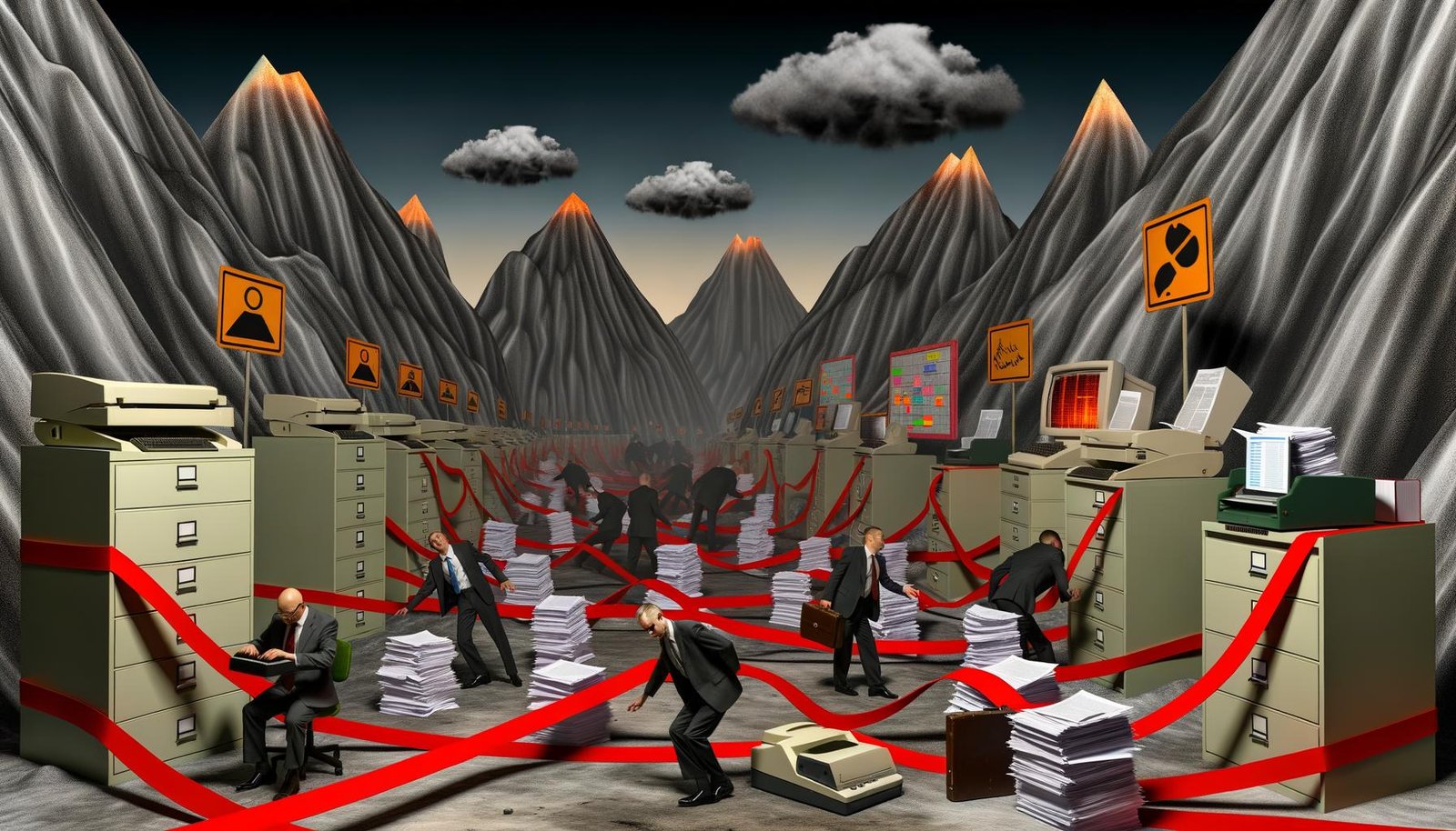 Illustration eines industriellen Ödlands mit Papierstapeln, alten Computern und gestressten Büroarbeitern, die über Bürokratie stolpern, während moderne Technologien unerreichbar bleiben.
