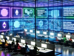 Futuristischer Kontrollraum mit Monitoren, die Blockchain-Datenflüsse, Contentful-API-Schemata, NFTs, Ethereum-Wallets und Sicherheitssymbole anzeigen. Entwickler kollaborieren an modernen Workstations, während Netzwerkgraphen die Web3-Integration veranschaulichen.