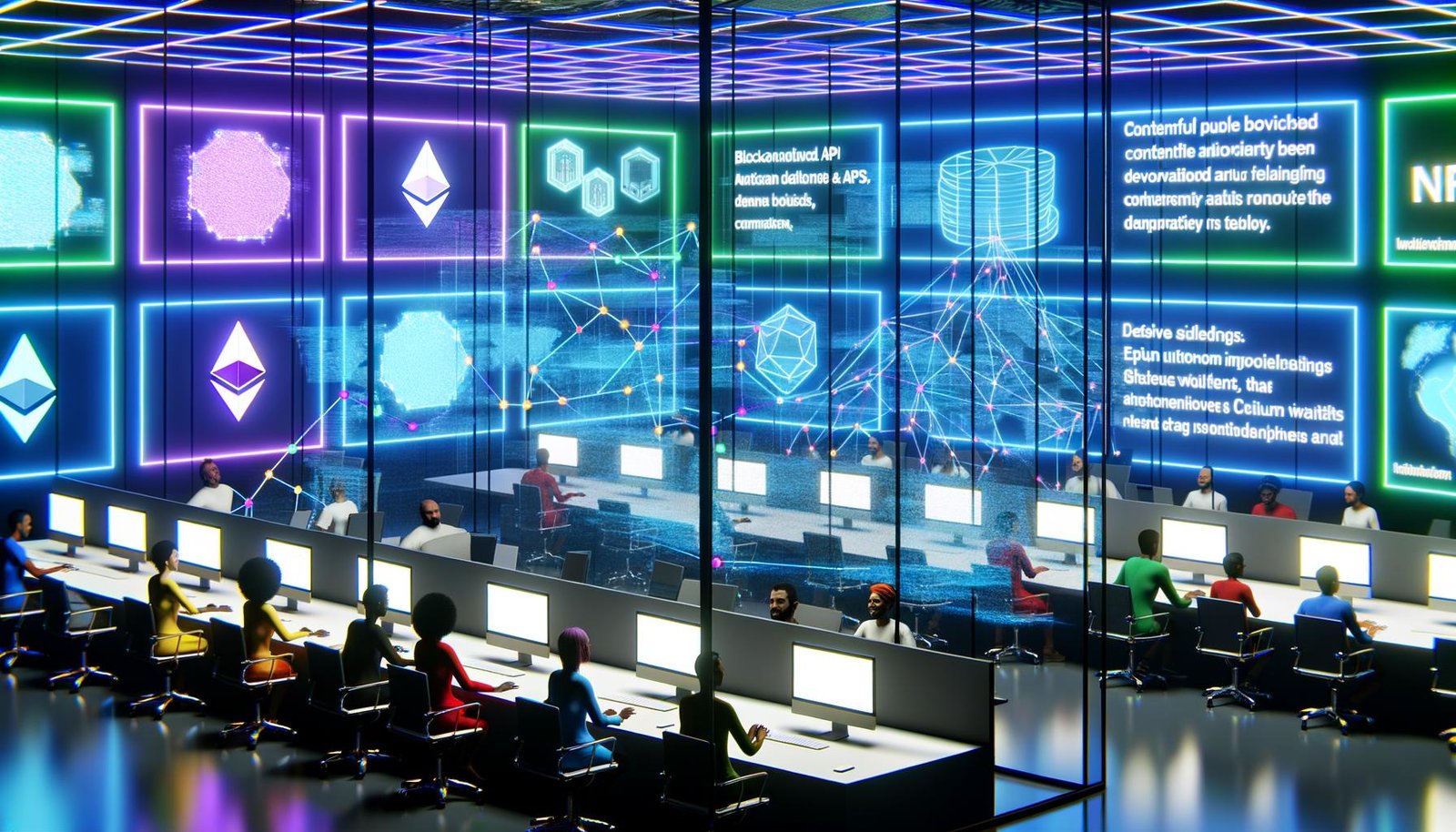 Futuristischer Kontrollraum mit Monitoren, die Blockchain-Datenflüsse, Contentful-API-Schemata, NFTs, Ethereum-Wallets und Sicherheitssymbole anzeigen. Entwickler kollaborieren an modernen Workstations, während Netzwerkgraphen die Web3-Integration veranschaulichen.