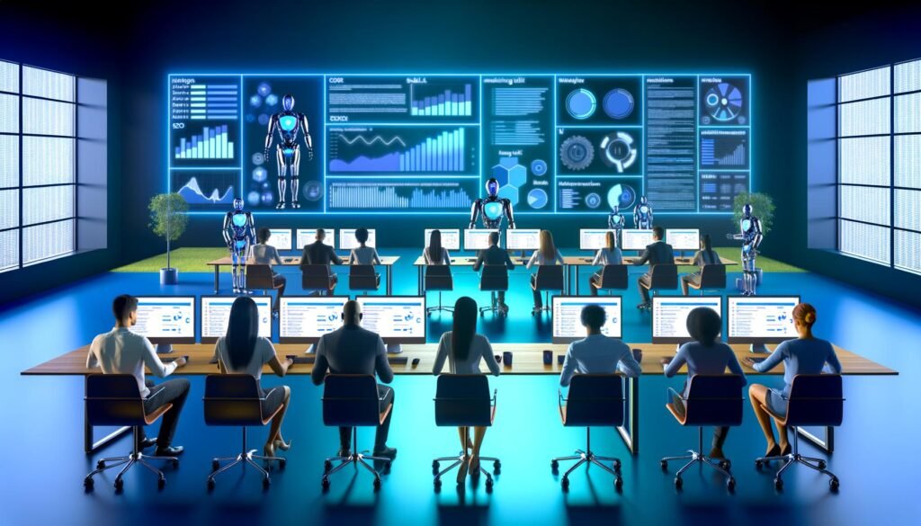 Futuristisches Marketing-Büro mit Team an riesigen Monitoren, KI-Dashboards, holografischen Interfaces und Roboterarmen, die automatisierte Arbeitsabläufe darstellen.