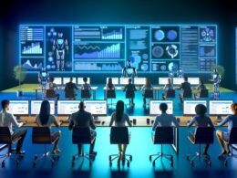 Futuristisches Marketing-Büro mit Team an riesigen Monitoren, KI-Dashboards, holografischen Interfaces und Roboterarmen, die automatisierte Arbeitsabläufe darstellen.