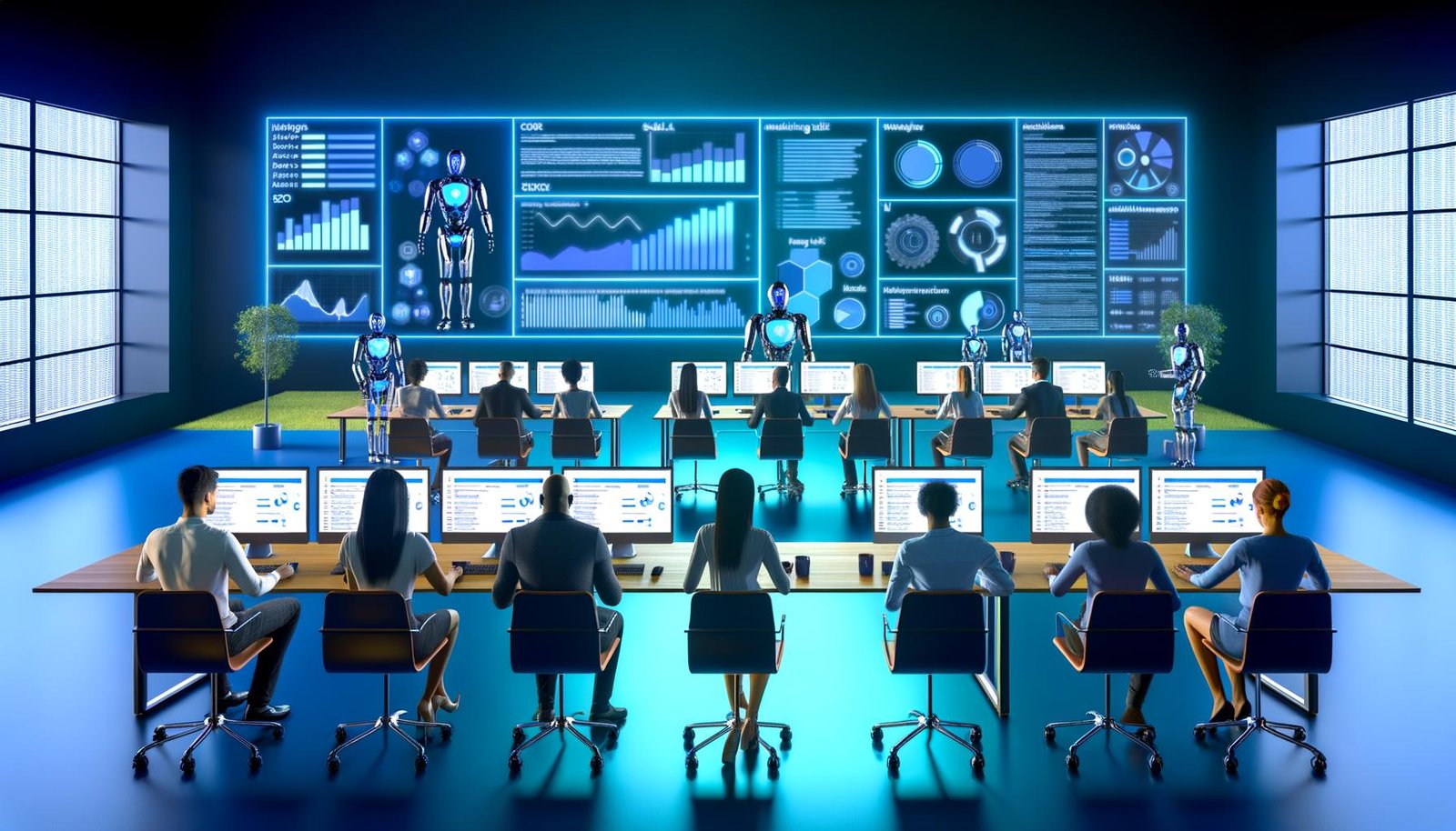 Futuristisches Marketing-Büro mit Team an riesigen Monitoren, KI-Dashboards, holografischen Interfaces und Roboterarmen, die automatisierte Arbeitsabläufe darstellen.