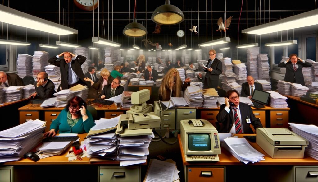 Gestresste Mitarbeiter in einer deutschen Behörde sitzen an chaotischen Tischen voller Papierstapel, alter Technik und veralteter eVergabe-Portale.