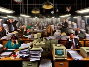 Gestresste Mitarbeiter in einer deutschen Behörde sitzen an chaotischen Tischen voller Papierstapel, alter Technik und veralteter eVergabe-Portale.