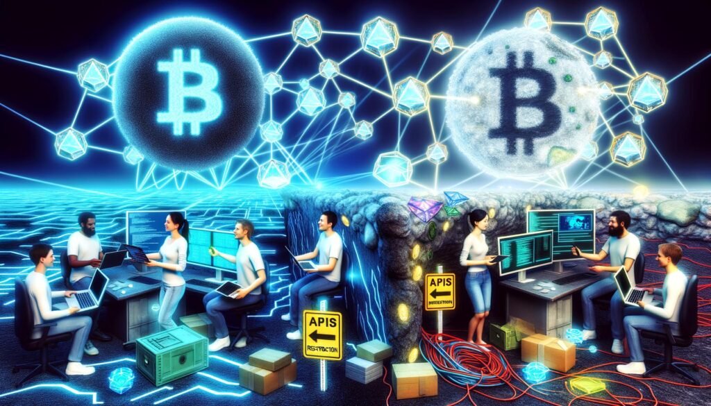 Vergleich zwischen futuristischer Web3-Landschaft mit Blockchain, NFTs und Wallet-Symbolen und traditioneller Headless CMS-Umgebung mit Contentful und APIs; Entwicklerteam vermittelt dazwischen.