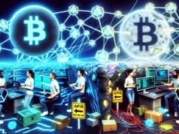 Vergleich zwischen futuristischer Web3-Landschaft mit Blockchain, NFTs und Wallet-Symbolen und traditioneller Headless CMS-Umgebung mit Contentful und APIs; Entwicklerteam vermittelt dazwischen.