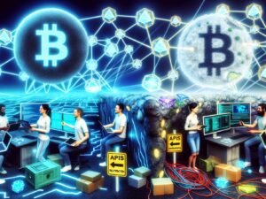 Vergleich zwischen futuristischer Web3-Landschaft mit Blockchain, NFTs und Wallet-Symbolen und traditioneller Headless CMS-Umgebung mit Contentful und APIs; Entwicklerteam vermittelt dazwischen.