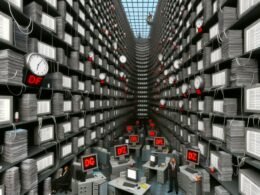 Surreale Büro-Landschaft mit endlosen Schreibtischen, Dokumenten, IT-Bietern, fehlerhaften Computern und einem Gefühl digitaler Bürokratie.