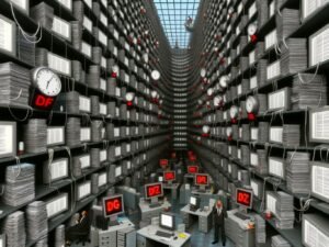 Surreale Büro-Landschaft mit endlosen Schreibtischen, Dokumenten, IT-Bietern, fehlerhaften Computern und einem Gefühl digitaler Bürokratie.