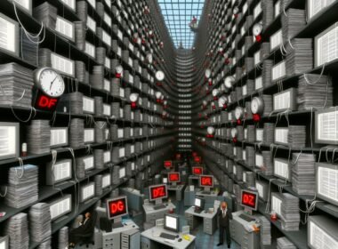 Surreale Büro-Landschaft mit endlosen Schreibtischen, Dokumenten, IT-Bietern, fehlerhaften Computern und einem Gefühl digitaler Bürokratie.